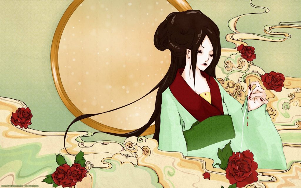 Melancholic Geisha in sage green kimono dripping blood on vibrant red roses dark fantasy art Wallpaper