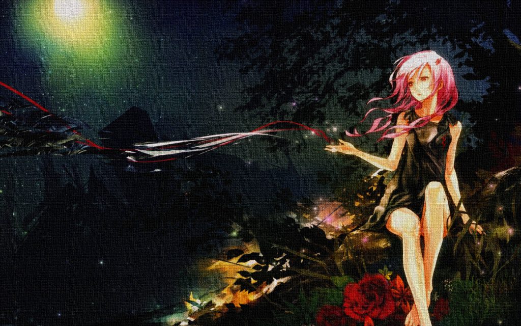 Inori Yuzuriha Guilty Crown anime wallpaper under moon with red roses dark forest background
