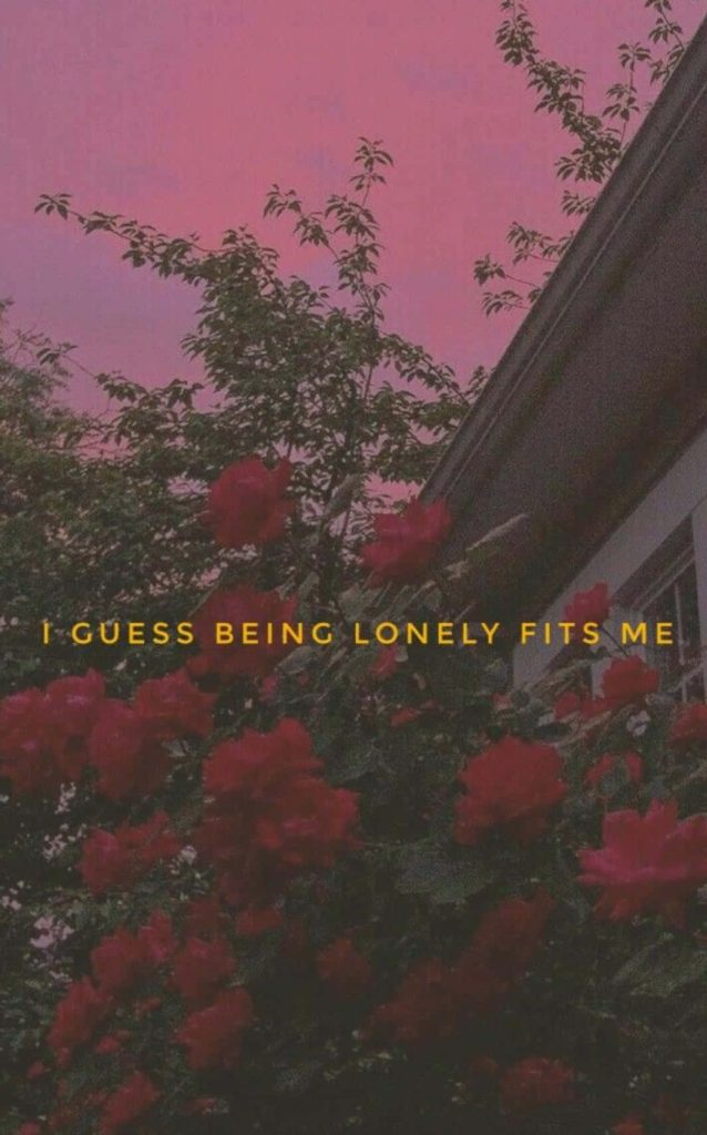 Sad aesthetic wallpaper red roses twilight pink sky lonely yellow text nostalgic background