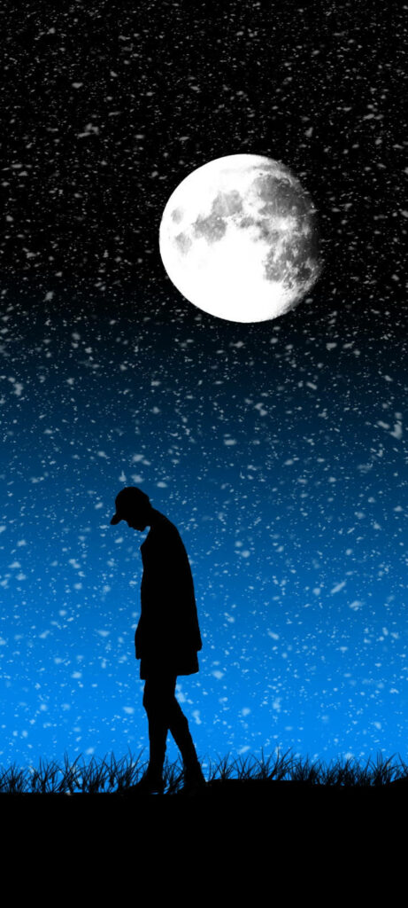 Melancholic Moonlit Reflections: Captivating Anime Art Depicting a Lonely Boy Amidst a Blue and Black Universe Wallpaper