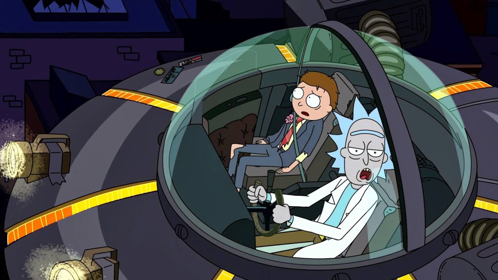 Rick and Morty in UFO at night with somber expressions in iconic sci-fi animated style wallpaper