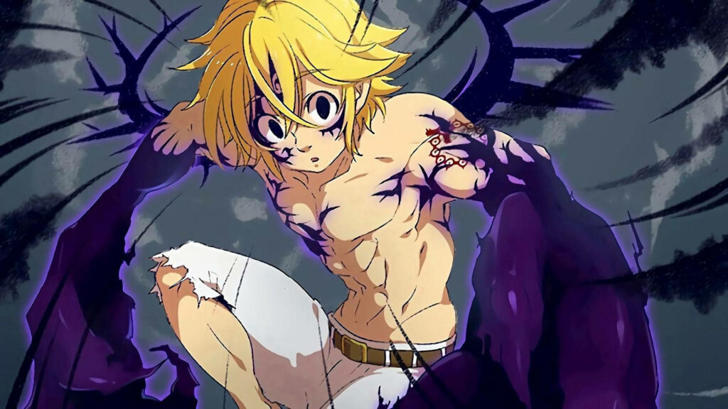 Meliodas demon transformation unleashing dark energy intense anime wallpaper background