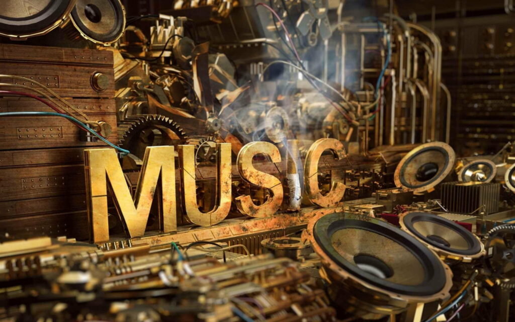 3D industrial MUSIC wallpaper with weathered metal letters gears speakers and warm golden light smoke