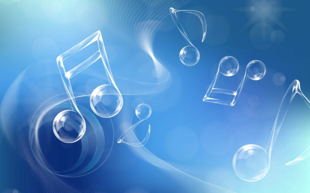Transparent musical notes on luminous blue background with soft glows and abstract swirls Wallpaper