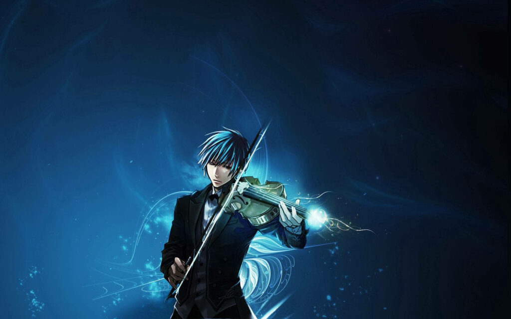 Mysterious Melodies: Enchanting Anime Boy Serenades with His Violin Against a Dazzling Black and Blue Ombre Backdrop Wallpaper