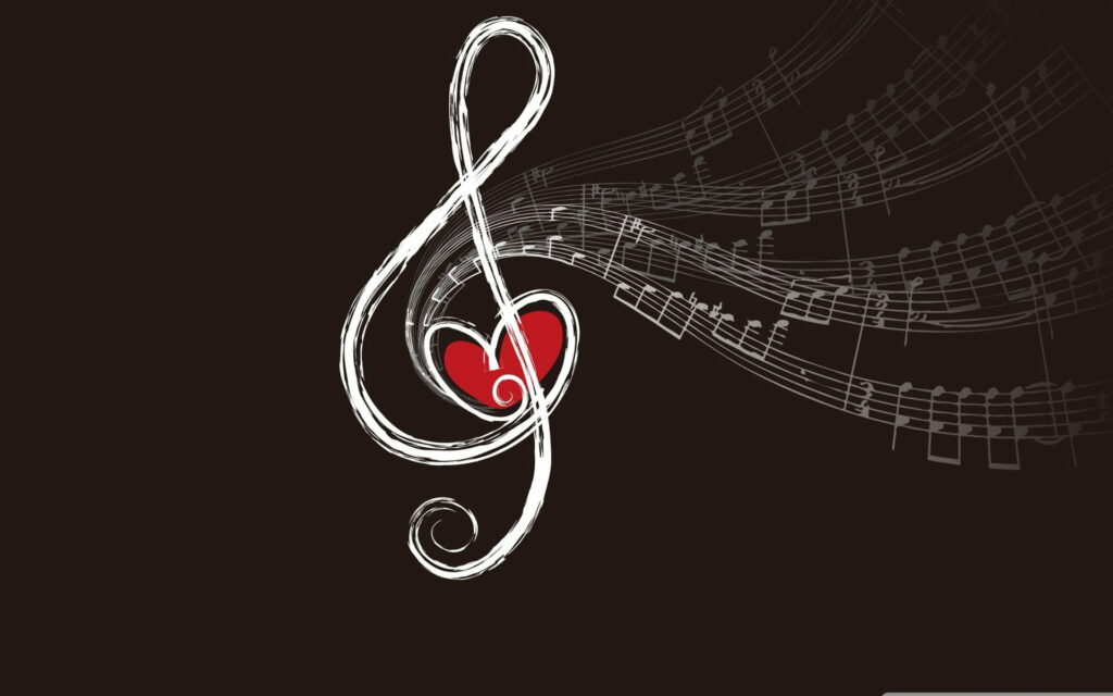 Elegant white treble clef with red heart and flowing musical notes on dark music wallpaper background