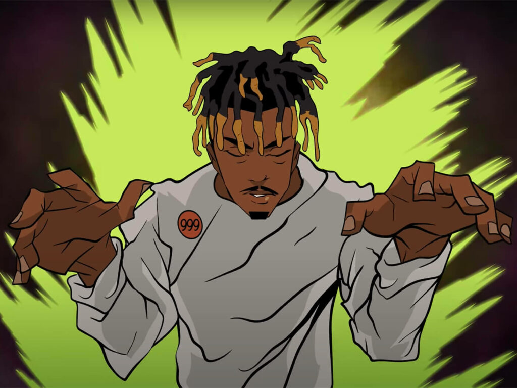 Melodic Fantasia: Animated Juice Wrld Creates Musical Magic as Vibrant Lights Illuminate His Animated Background Wallpaper