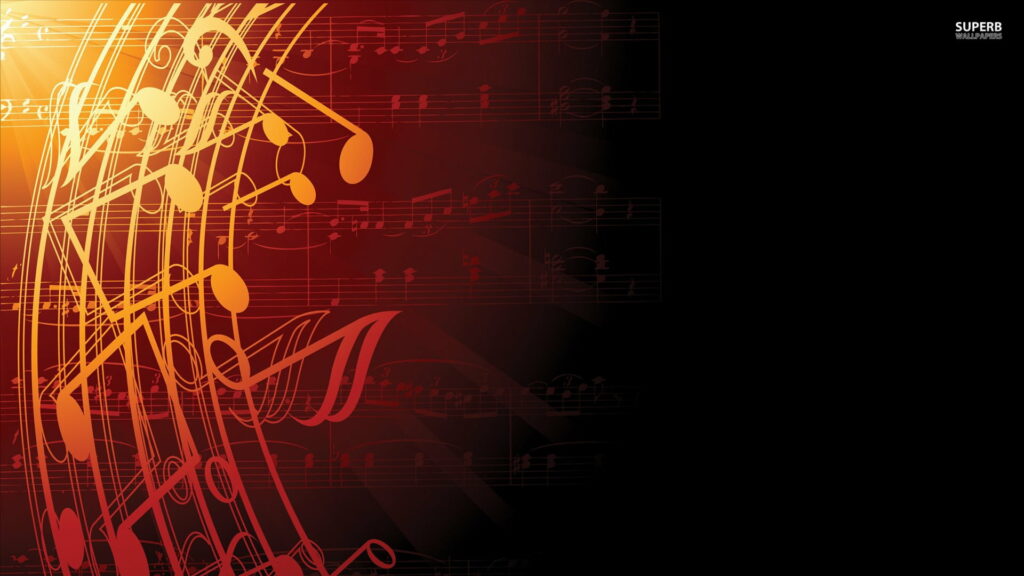 Abstract HD wallpaper with fluid musical notes on glowing yellow orange to black red background
