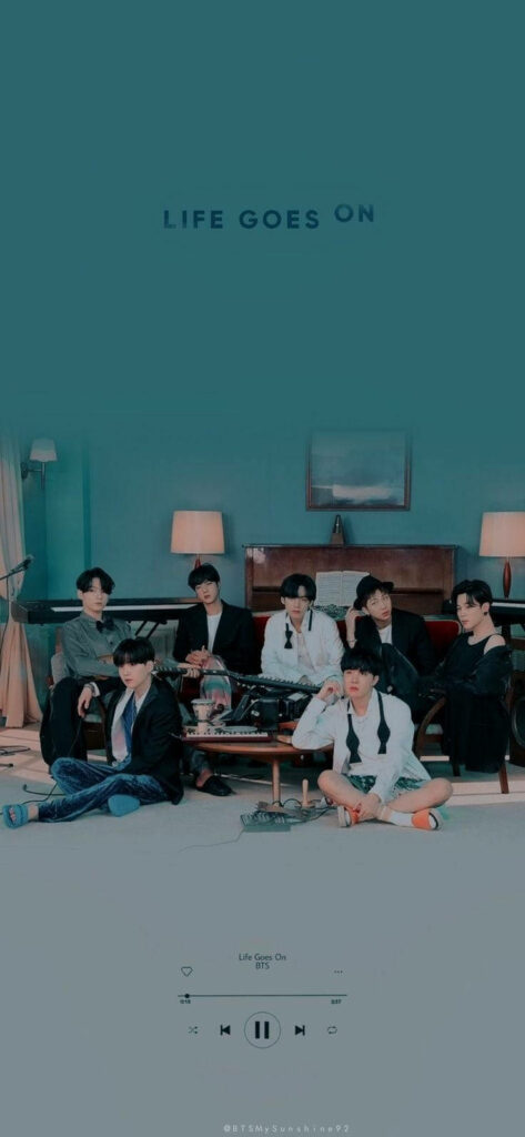 BTS Jamming Session: Vibrant Turquoise Lock Screen with Members Lounging amidst Musical Instruments Wallpaper