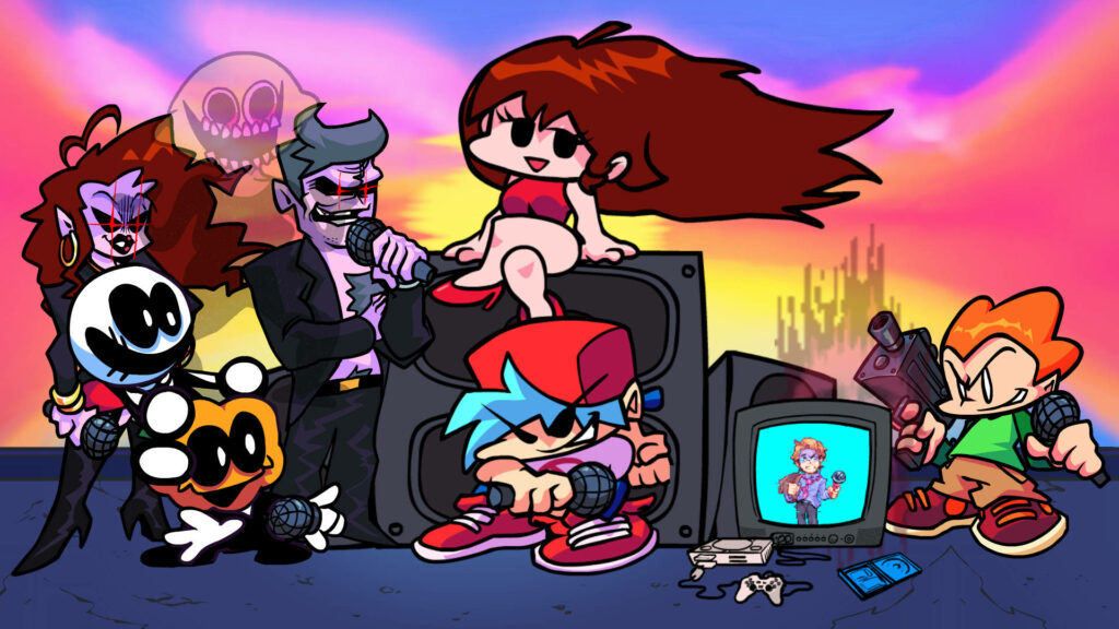 Musical Showdown in FNF: A vibrant tableau of characters engaging in an epic music battle amidst a captivating pink and orange gradient sky Wallpaper