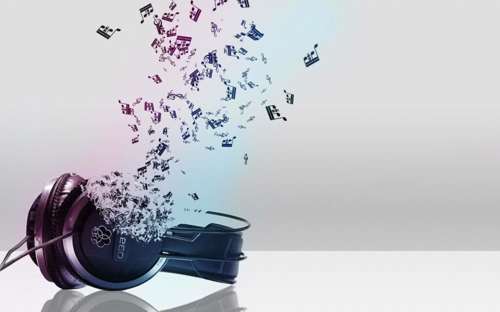 Melodic Tunes: A Captivating Wallpaper Showcasing Stylish Black Headphones with Dancing Musical Notes