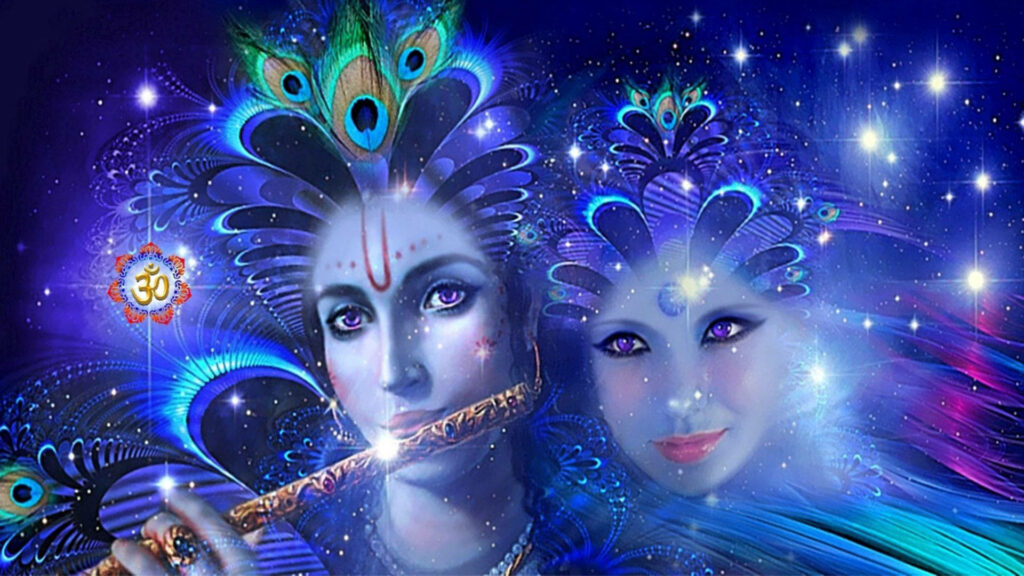 The Melodious Charmer: Dark Krishna With a Flute, Gazing at a Dazzling Night Sky Wallpaper