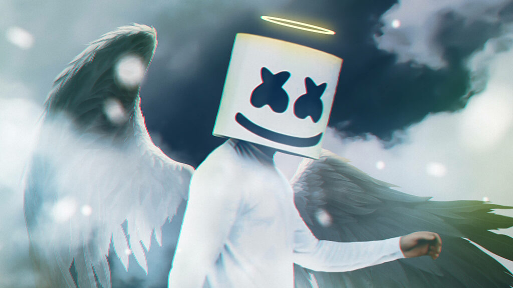 Melodic Ascendance: Captivating Marshmello 4k Art Transforms DJ Into Heavenly Seraph with Angel Wings and Halo Wallpaper