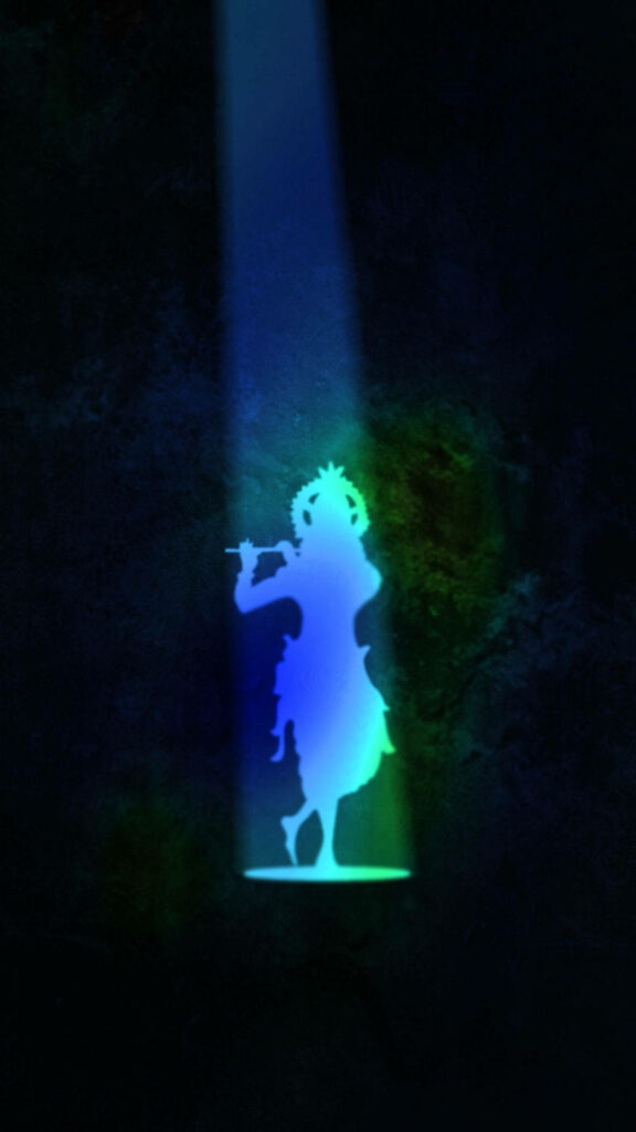 Enigmatic Serenade: Mesmerizing Dark Krishna Silhouette Engulfed in Flute Melodies under Spotlight Wallpaper