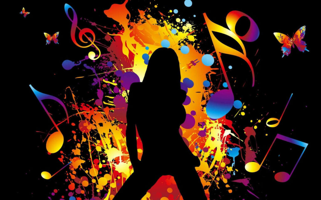 Harmony in Colors: Desktop Wallpaper featuring a Melodic Silhouette Amidst Vibrant Music Symbols