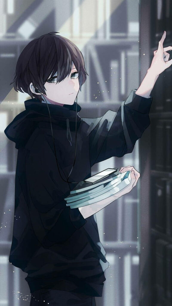 Melancholic Melodies: Mesmerizing Anime Lad Engrossed in Music Amidst Library Stacks - Anime Boy Dark-themed Wallpaper