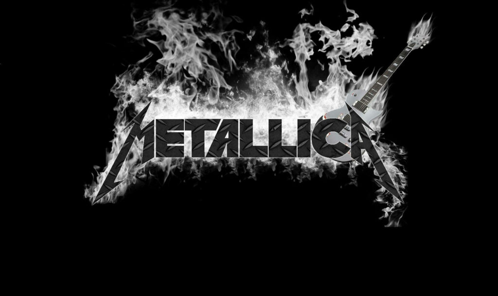 Blazing Metal: Vibrant Smoke Surrounds Iconic Metallica Logo on Golden-Hued Wallpaper