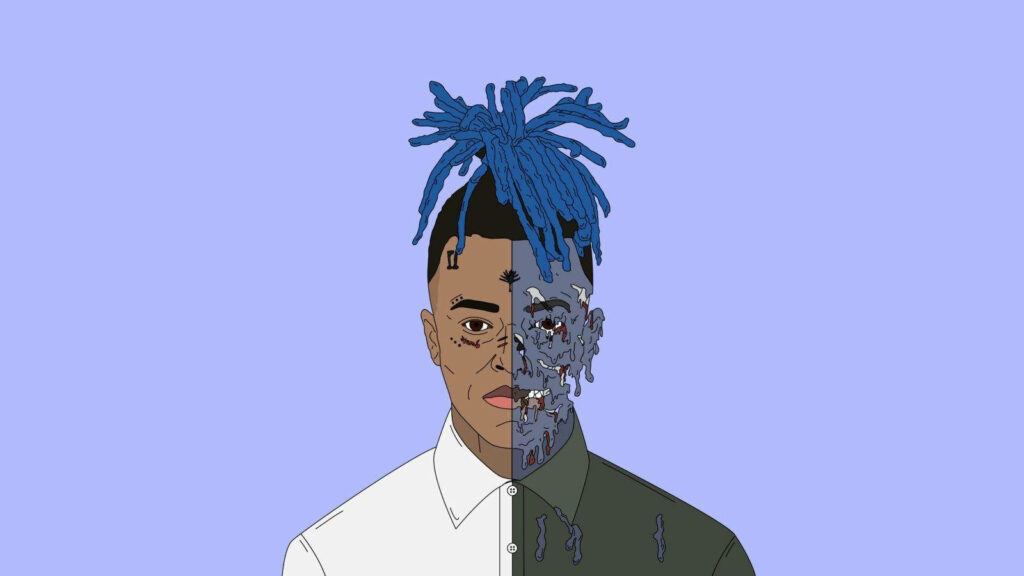 The Enigmatic Transformation: Xxxtentacion's Haunting Melting Half-Face on a Mesmerizing Purple Canvas Wallpaper