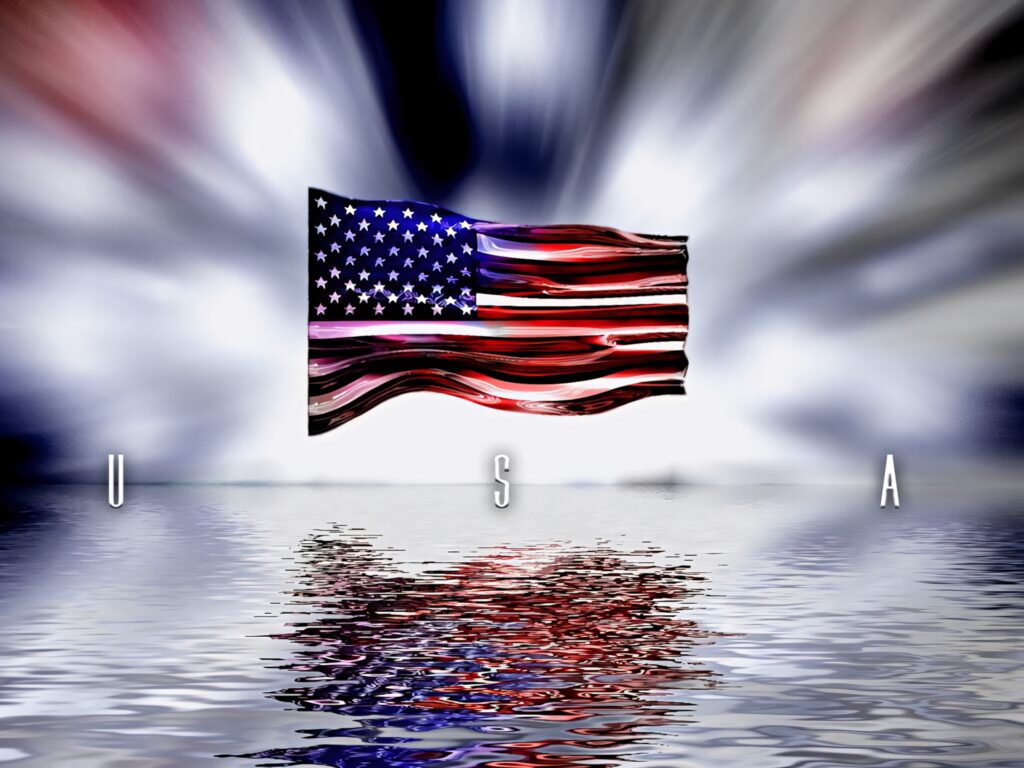 Memorial Day wallpaper American flag shining above reflective water with bold USA letters background