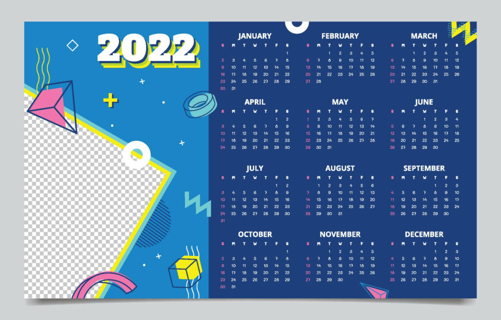 Memphis 2022 calendar wallpaper with bold geometric shapes vibrant blue yellow pink patterns