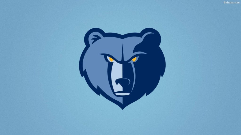 Memphis Grizzlies logo with navy blue bear head and yellow eyes on sky blue minimalist background Wallpaper