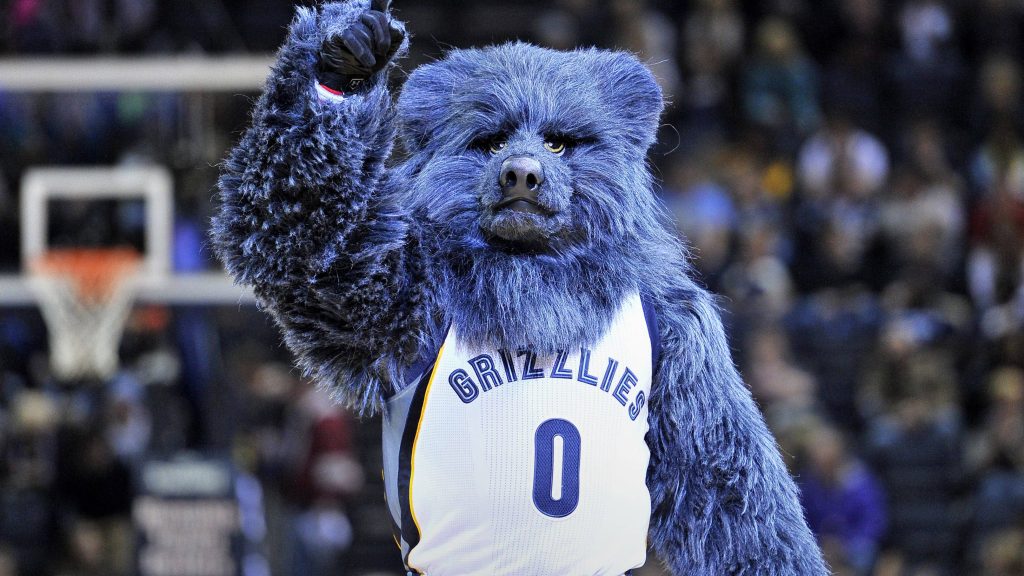 Memphis Grizzlies mascot Grizz in jersey 0 energizing NBA crowd vibrant sports wallpaper background