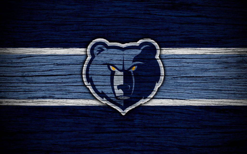 Memphis Grizzlies logo on rustic dark blue wood background with blue white stripes wallpaper