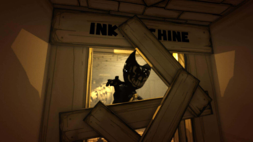 Menacing Bendy behind boarded windows in dim Ink Machine room eerie Bendy and the Ink Machine wallpaper