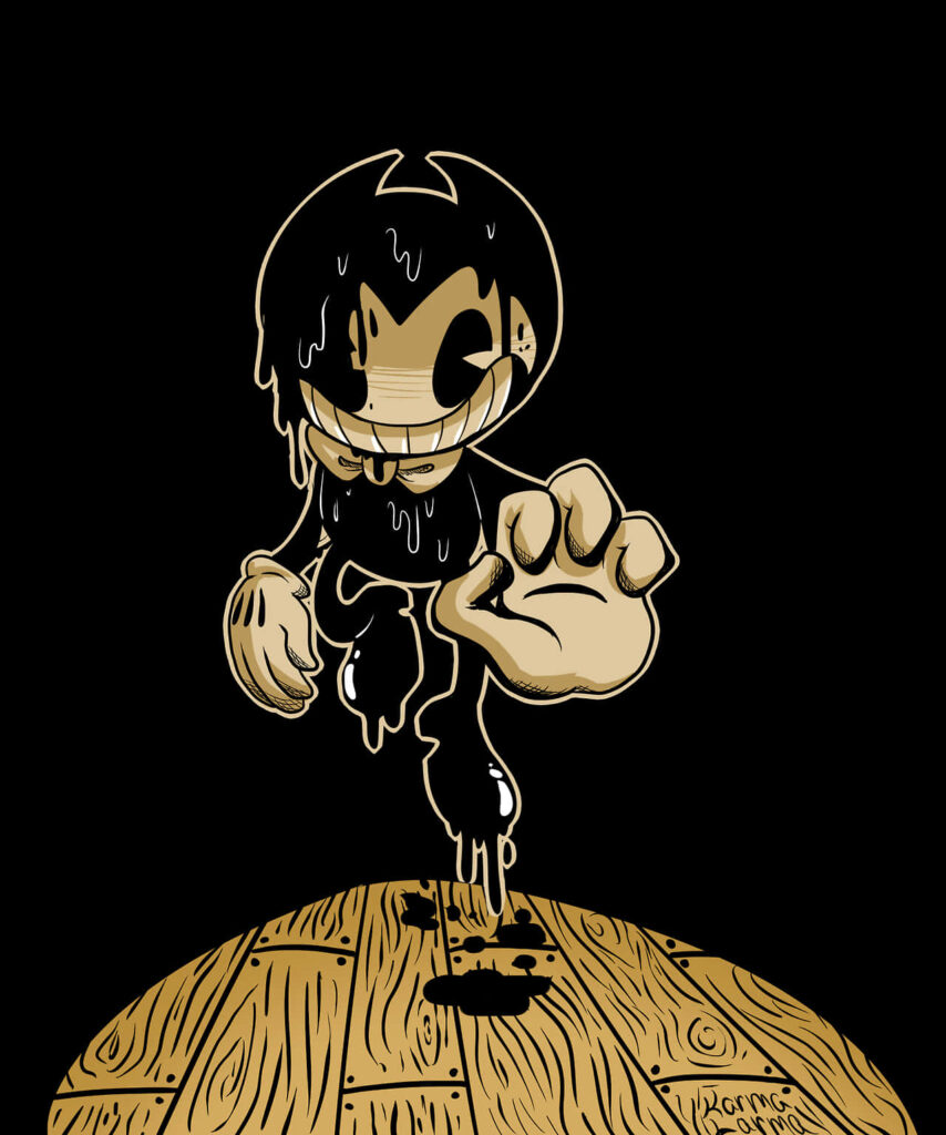 Menacing Bendy from Bendy and the Ink Machine emerging from ink pool with twisted grin on wooden floor background Wallpaper