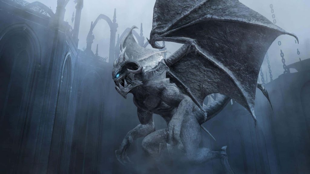 Stone gargoyle with blue eyes and sharp wings on misty Gothic castle dark wallpaper background