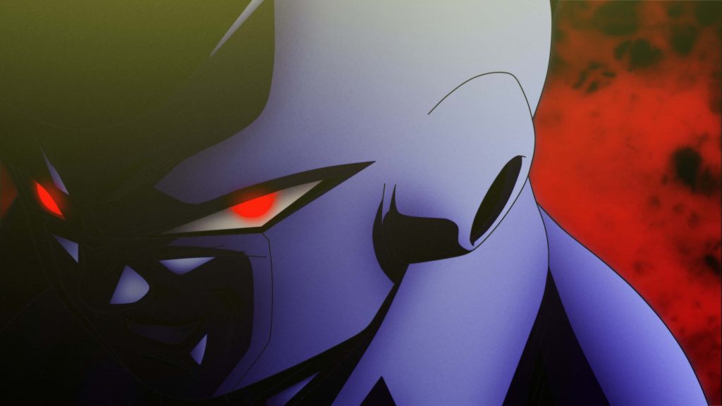 Menacing Cooler Dragon Ball Z close-up glowing red eyes purple shadows fiery red background wallpaper