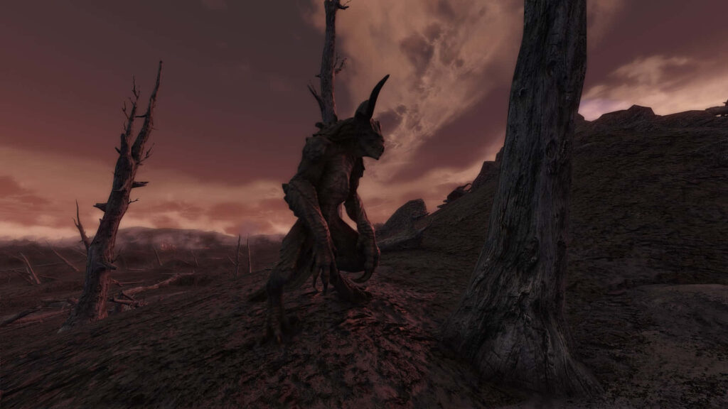 Deathclaw stalking a barren post-apocalyptic wasteland with twisted trees under red sky Fallout wallpaper