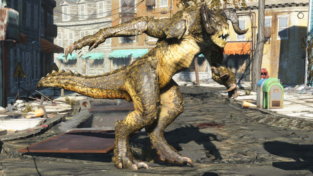 Menacing Deathclaw with detailed scales prowls abandoned city street in bright post-apocalyptic Fallout scene Wallpaper