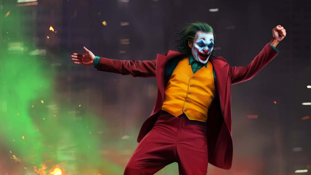 The Dapper Menace: Joker's Majestic Stance amidst Urban Landscape Wallpaper