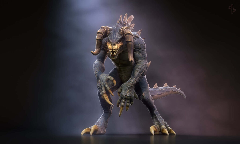 Menacing Fallout Deathclaw with sharp claws and armored scales in dark misty background wallpaper