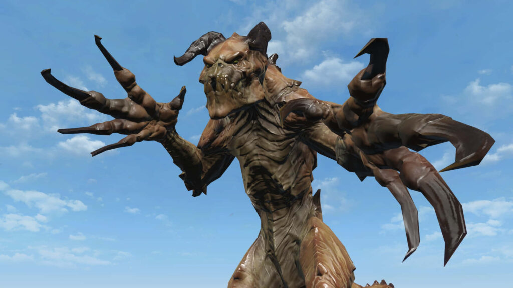 Menacing Fallout Deathclaw with sharp claws rugged armor against clear blue sky wallpaper