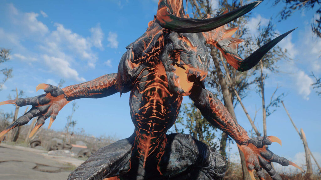 Menacing Fallout Deathclaw with massive claws and spiked armor against bright wasteland sky Wallpaper