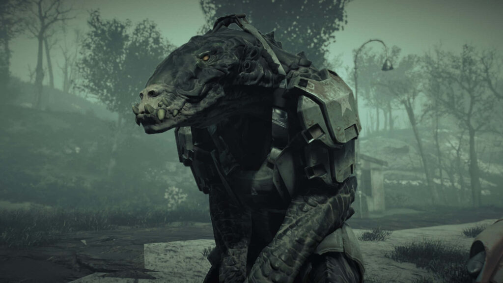 Menacing Fallout Deathclaw in desolate ruins with armored scales and gritty post-apocalyptic haze Wallpaper