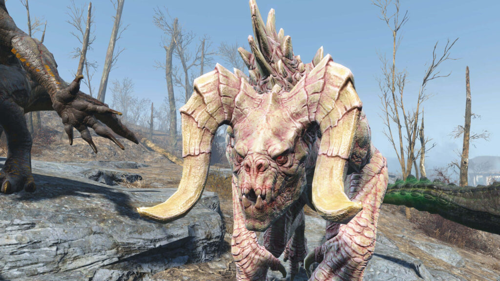 Menacing Fallout Deathclaw in post-apocalyptic wasteland with scaly armor and rocky terrain Wallpaper