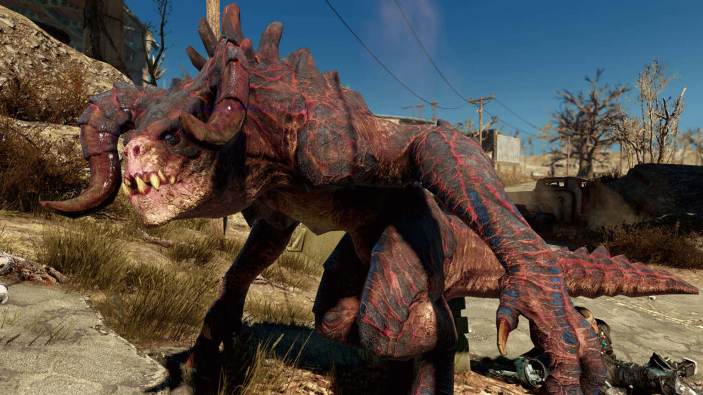 Menacing Fallout Deathclaw in post-apocalyptic wasteland with detailed textures and horns Wallpaper