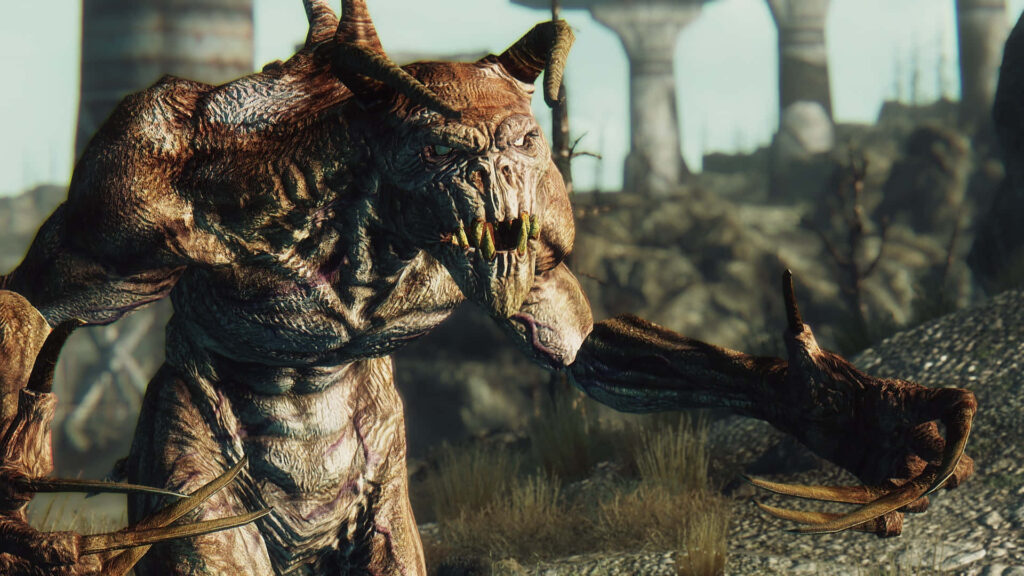 Menacing Fallout Deathclaw with massive claws and horned head in rugged post-apocalyptic landscape Wallpaper