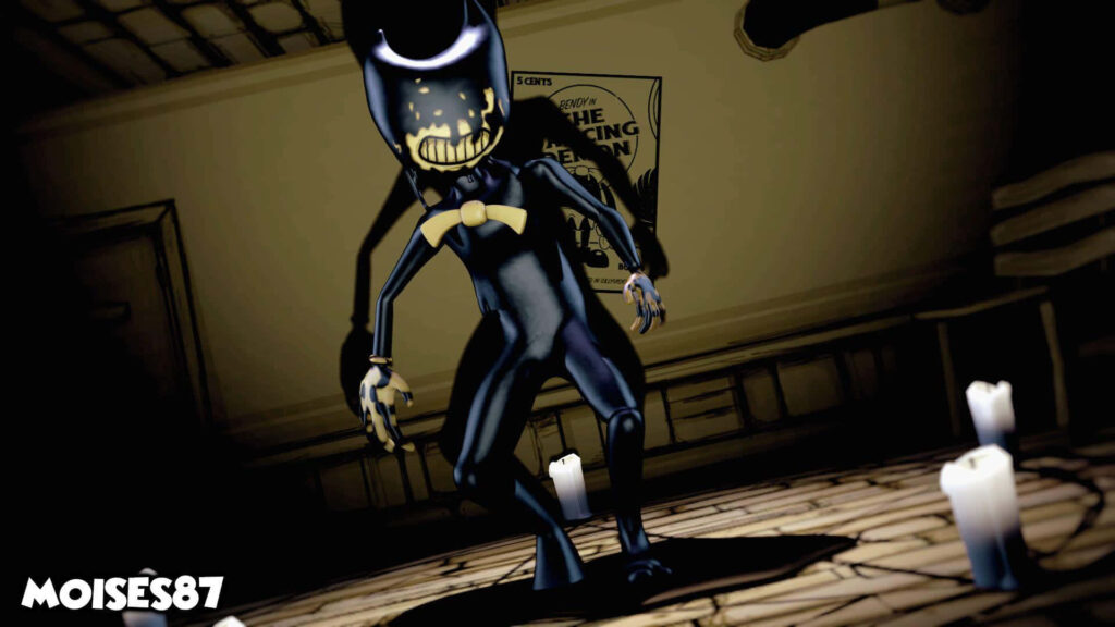 Menacing inky figure from Bendy and the Ink Machine in candlelit eerie dim room wallpaper background