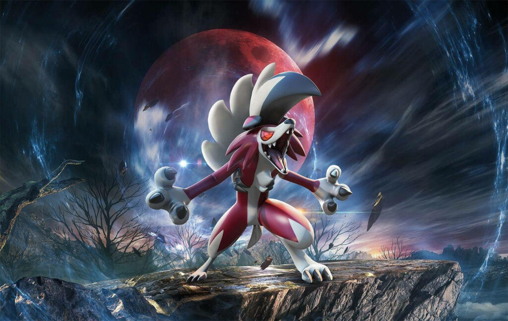 Menacing Lycanroc Midnight Form Wallpaper: Night Sky with Red Moon