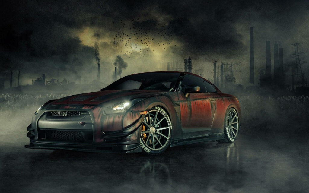 Menacing Nissan GTR R35 Wallpaper: Post-Apocalyptic Zombie Aesthetic