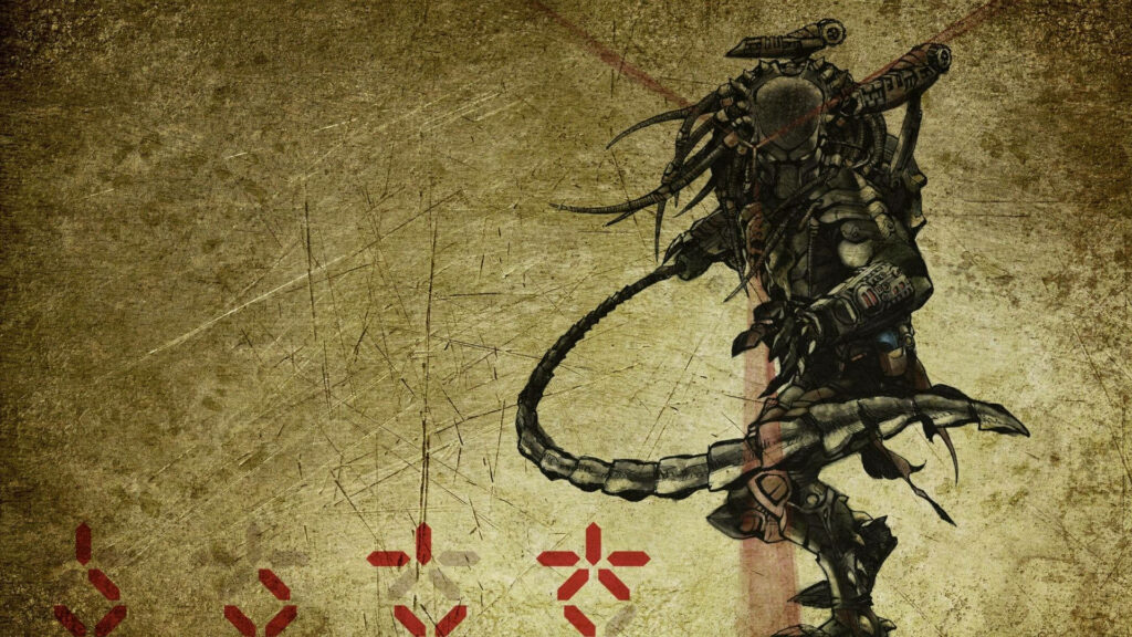 Menacing Predator with advanced weapons stands against battle-scarred textured background wallpaper