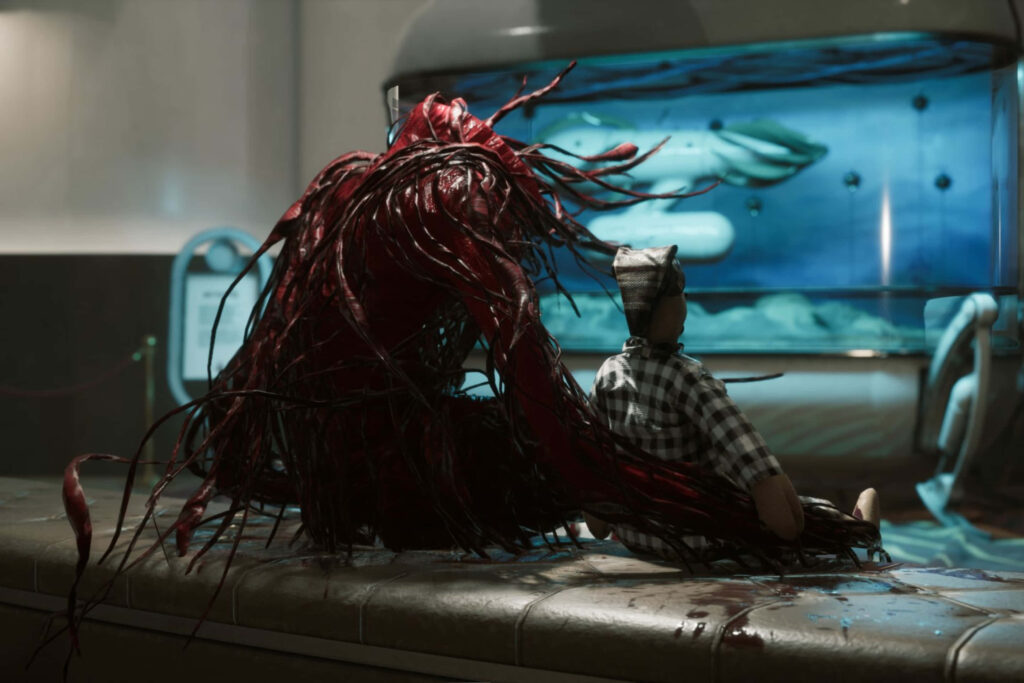 Menacing creature with red tentacles threatens seated person in futuristic Atomic Heart lab wallpaper