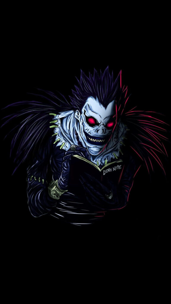 Eerie Encounter: Ryuk, the Shinigami, Possessing the Death Note in a Chilling Death Note Wallpaper