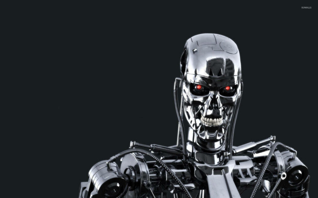 Silver Terminator robot with glowing red eyes and detailed mechanics on dark background wallpaper