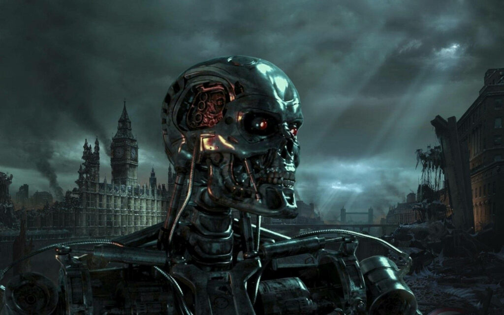 Menacing Skull Terminator in dark post-apocalyptic city with ruined buildings and stormy skies Wallpaper