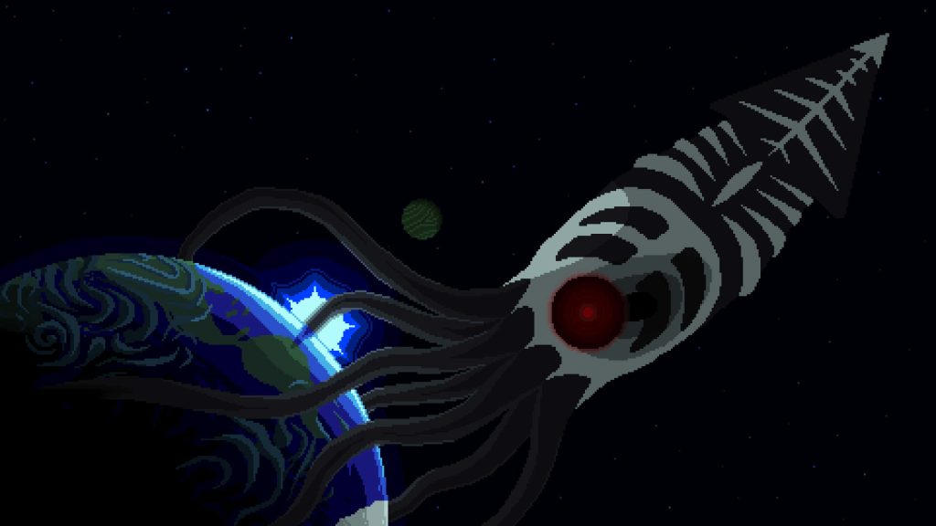 Pixel art Sovereign-class Reaper from Mass Effect with red eye near blue planet retro sci-fi wallpaper